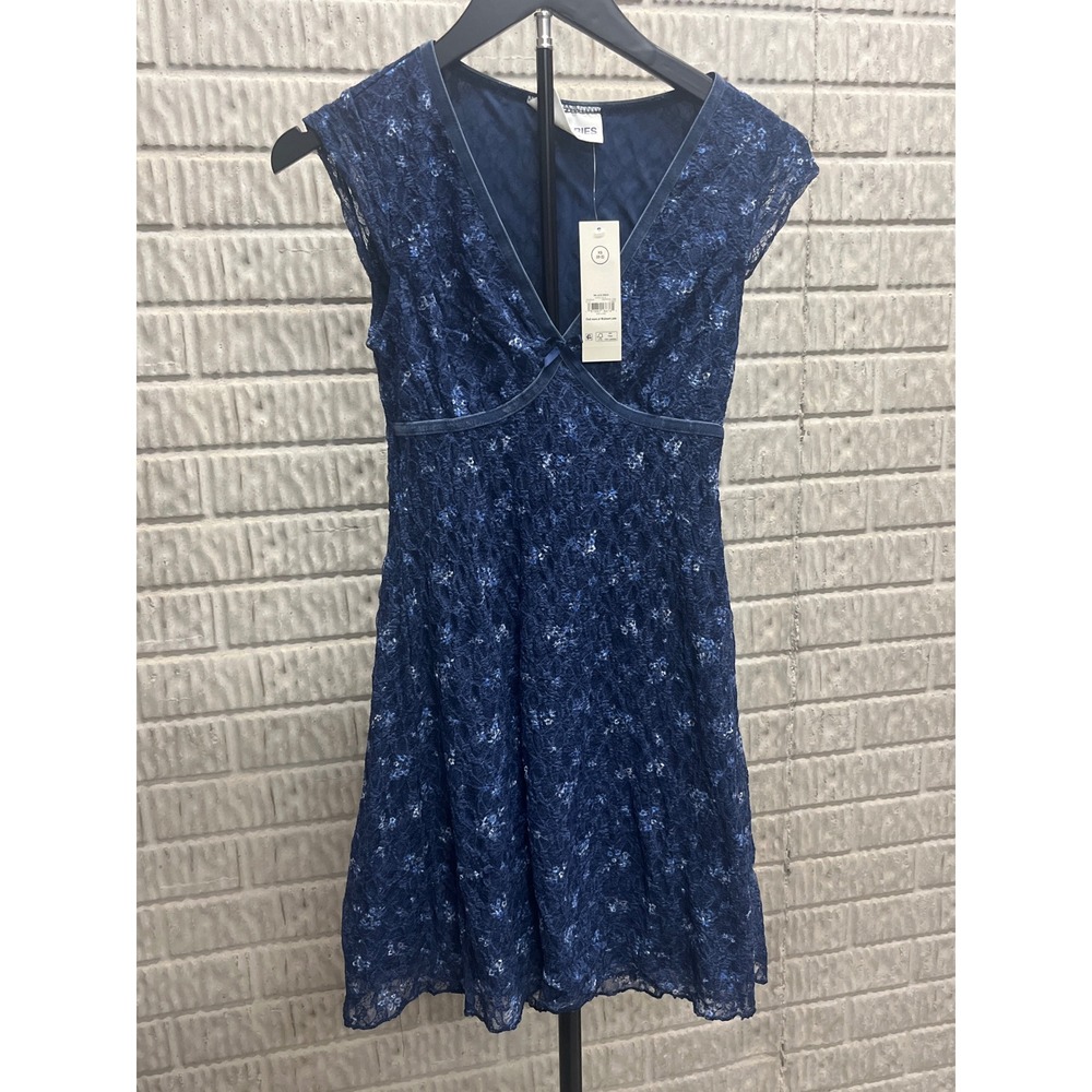 No Boundaries Indigo Blue Floral Lace V-Neck Cap Sleeve Mini Dress XS 0-2 NB35HQ